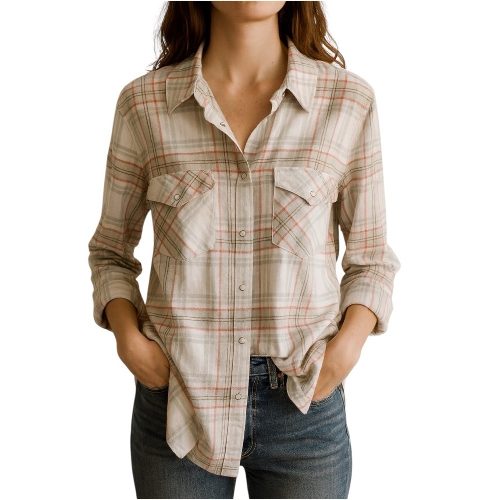 Addition Elle Plaid Button Up Shirt Size X Gray Peach and Orange Red